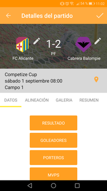 Gestionar resultado del partido en la aplicación móvil