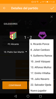 Añadir goleadores del partido en la aplicación móvil
