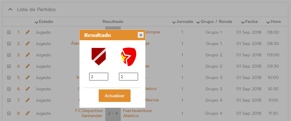 Actualizar resultado de un partido