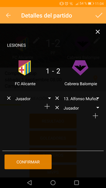 Gestionar lesiones del partido en la aplicación móvil