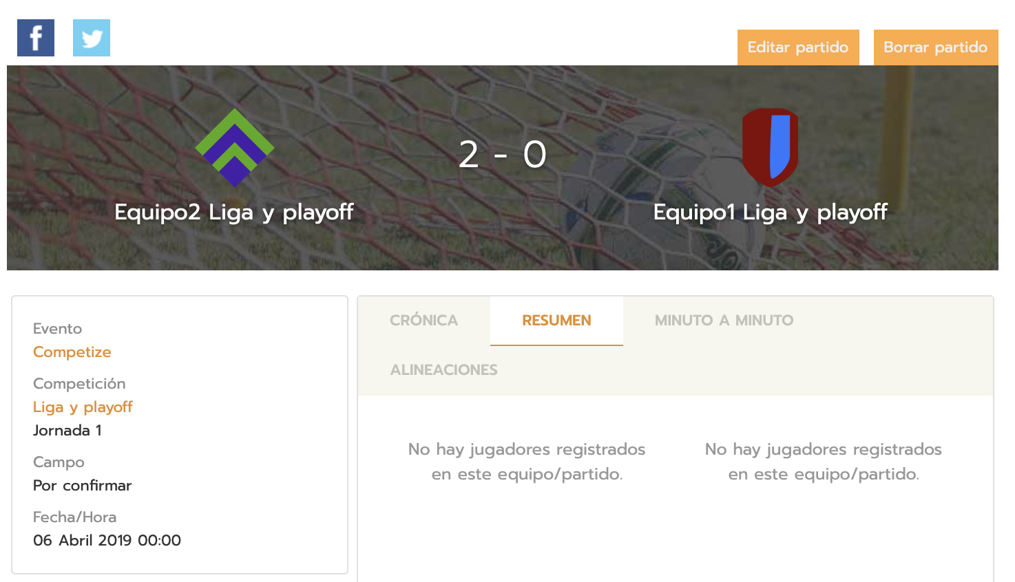 Compartir partidos en Twitter y Facebook