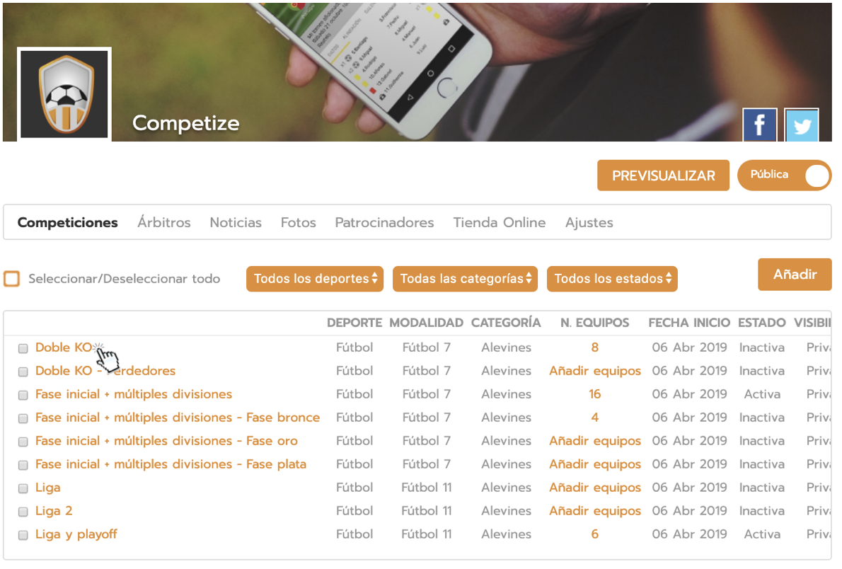 Compartir una competición en redes sociales