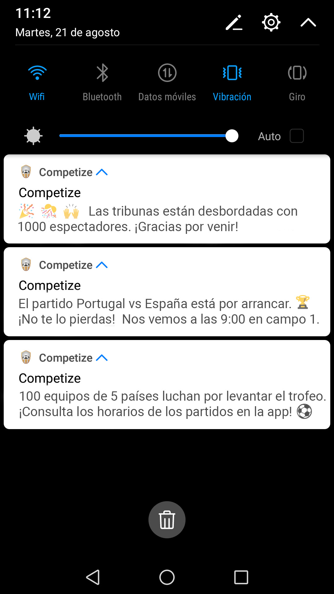 Notificaciones instantáneas desde app para torneos