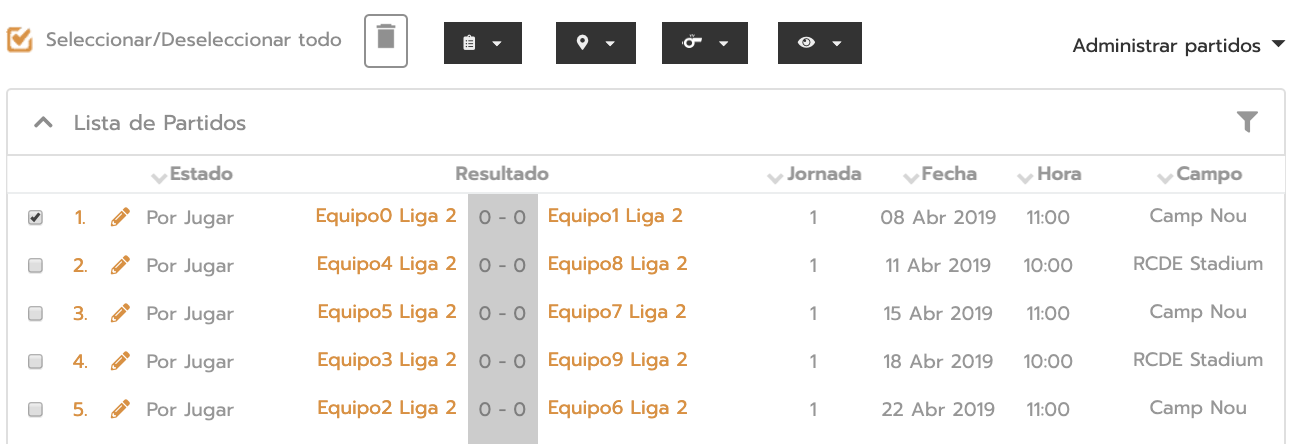 Seleccionar partidos del torneo para añadir árbitro