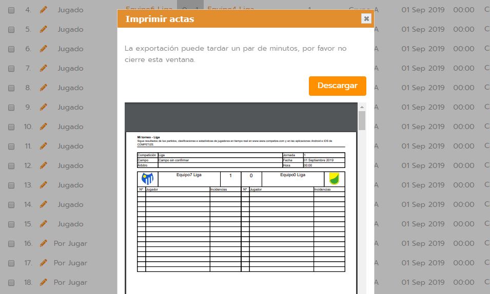 Consultar el acta de un partido del torneo o liga