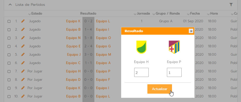 Editar partido de un torneo, liga o campeonato