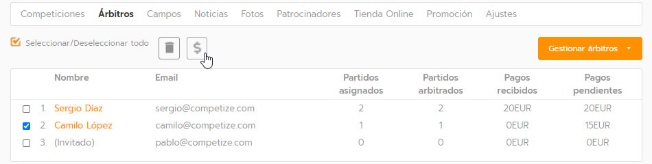 Filtrar partidos de un torneo, liga o campeonato