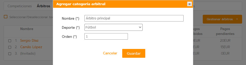 Asignar a árbitros pagos por arbitraje en partidos