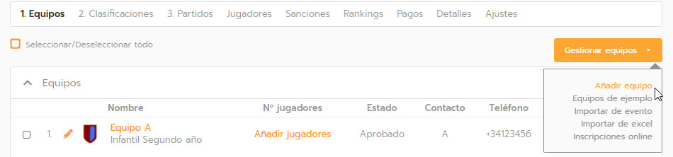 Gestionar equipos en un torneo, liga o campeonato