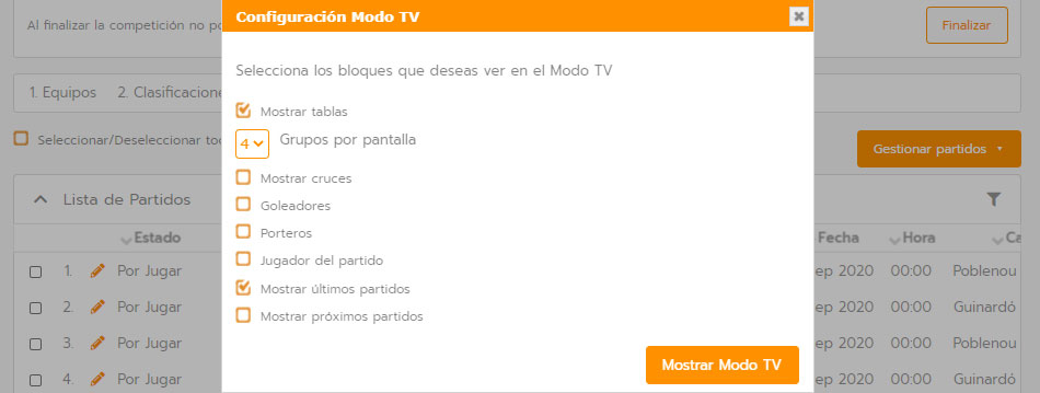 Proyección en pantalla TV en un torneo o liga