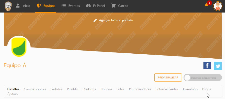 Pagar en línea en un torneo, liga o campeonato