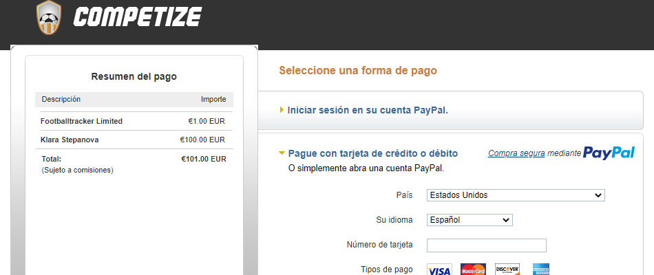 Pagar online en un torneo, liga o campeonato