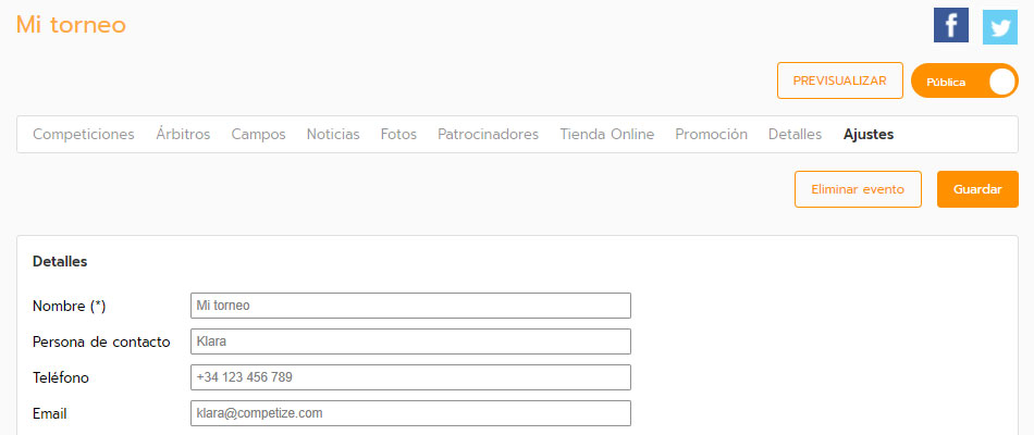 Datos de contacto para el torneo, liga o campeonato