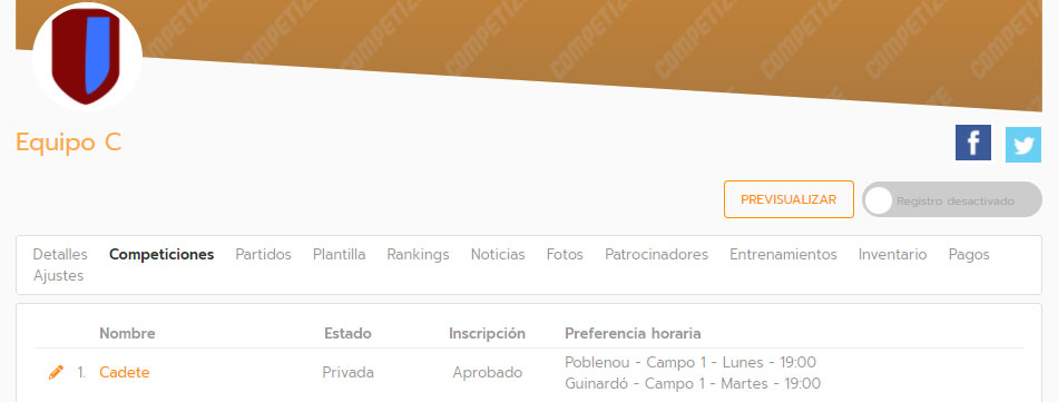 Disponibilidad horaria del equipo en una competición