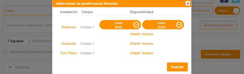 Disponibilidad horaria del torneo, liga o campeonato