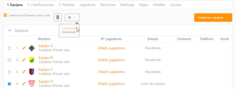 Estado de inscripciones online de equipos y jugadores
