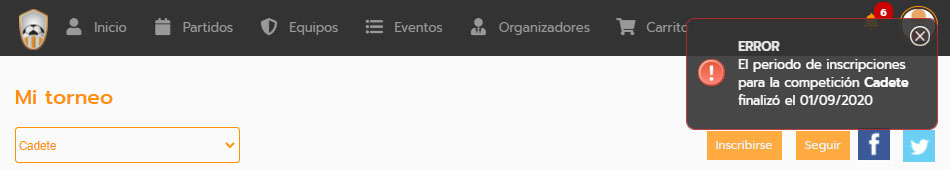 Fecha límite de inscripciones online del torneo