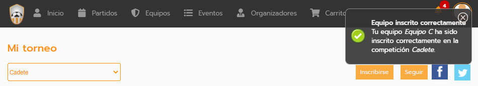 Inscripción online automática de un equipo o jugador