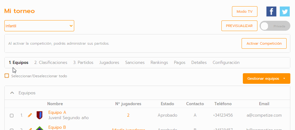 Inscripciones online en un torneo, liga o campeonato