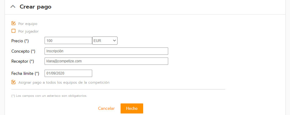 Pagos online para equipos y jugadores de una competición