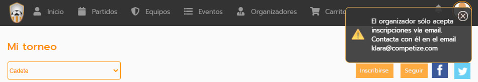 Torneo, liga o campeonato con inscripciones por email