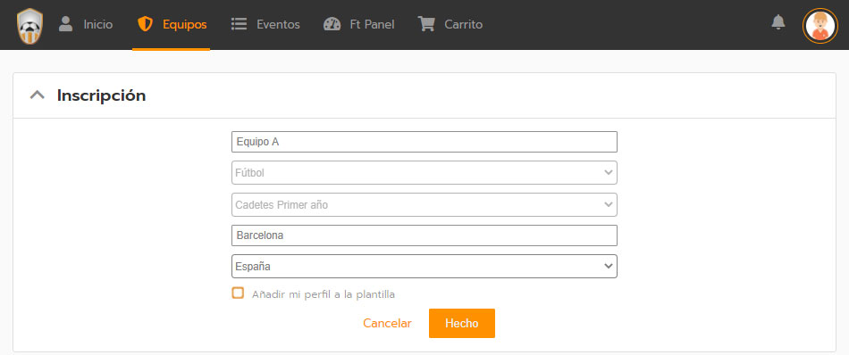 Inscribir un equipo, jugador o participante en una competición
