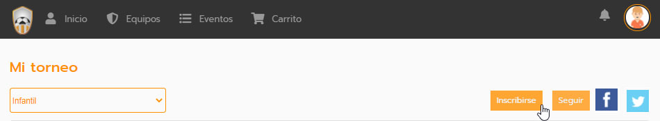 Inscribirse en línea en un torneo, liga o campeonato