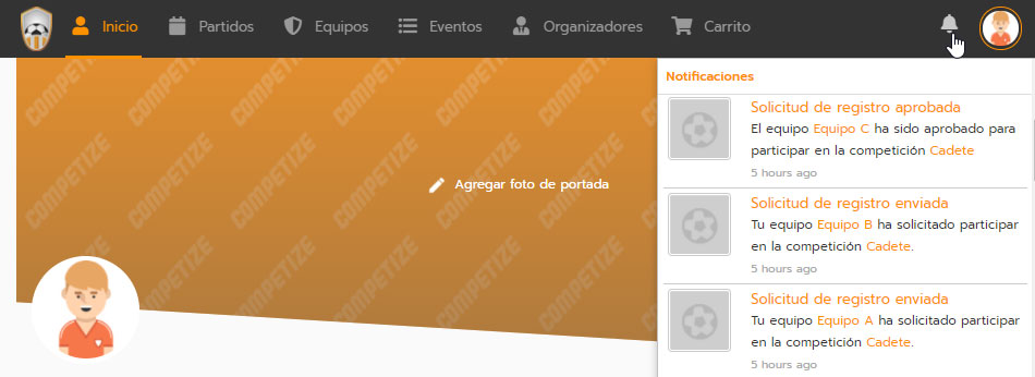 Notificaciones sobre el estado de inscripción del equipo en una competición