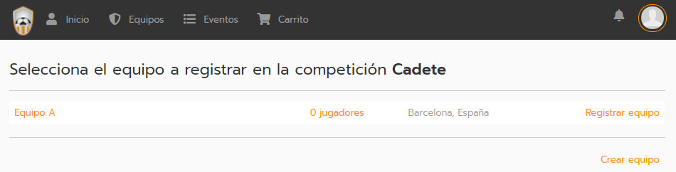 Registrar un equipo, jugador o participante en una competición