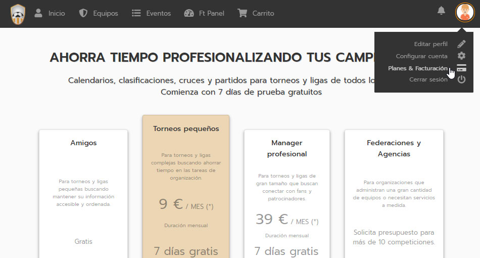 Planes de suscripción al gestor de torneos de Competize