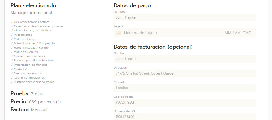 Datos de pago y facturación en Competize
