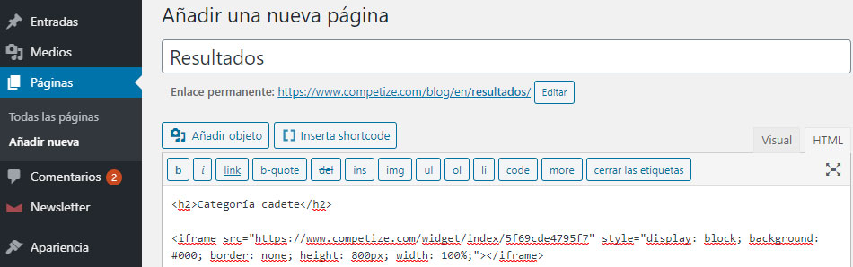 Integrar resultados y tablas en la web del torneo