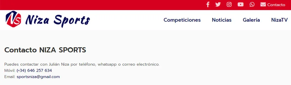 Contacto en la página web para eventos deportivos