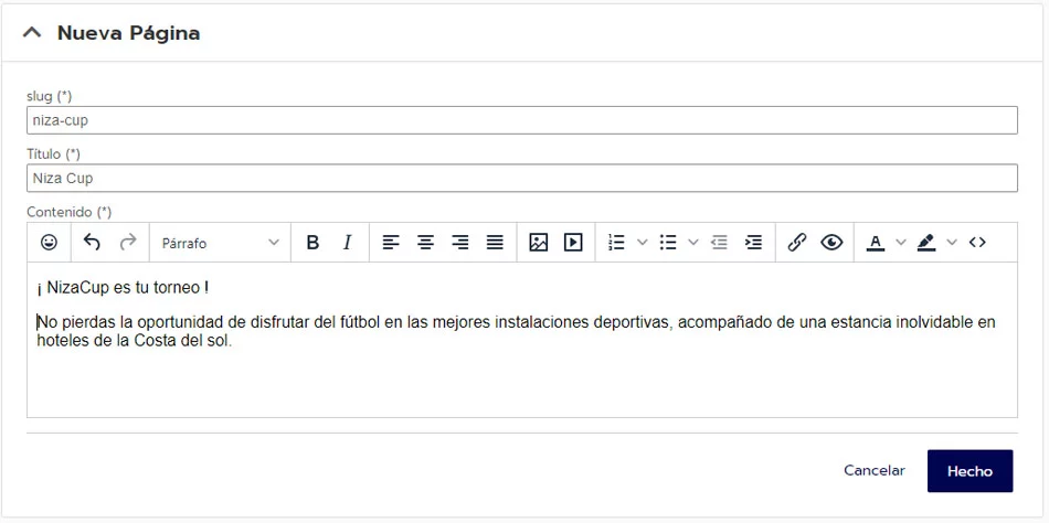 Nueva página en el sitio web para torneos y ligas