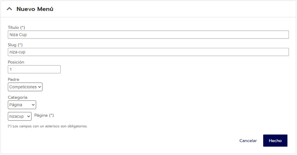 Nuevo menú de navegación en la página web para torneos