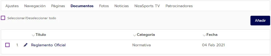 Documentos en la página web para torneos y ligas